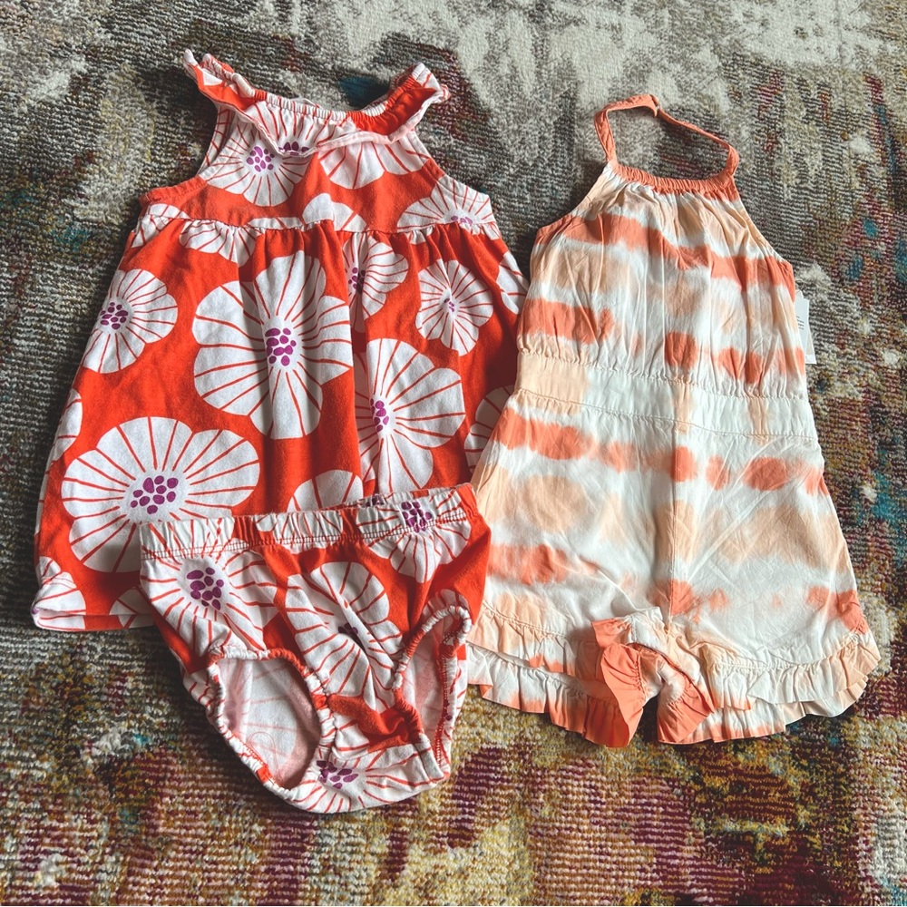 3pc 12 month girl two outfit bundle EUC & NWT set floral and ombré tie dye